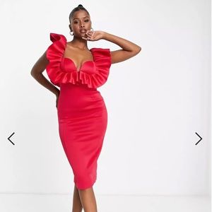 ASOS DESIGN ruffle cupped pencil midi dress in hot pink